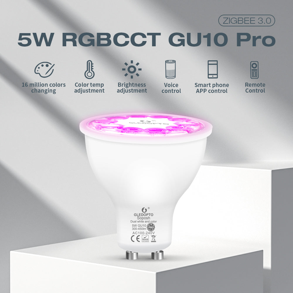 GLEDOPTO GL-S-006P Smart ZigBee 3.0 GU10 LED Spot 5W RGB+CCT (RGBCCT) – Farbwechsel & Dimmbar, Hue/Alexa/Home Assistant kompatibel