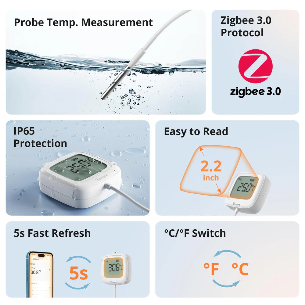 Temperatursensor Zigbee Sonoff SNZB-02LD IP65 mit LCD und externer Fühler