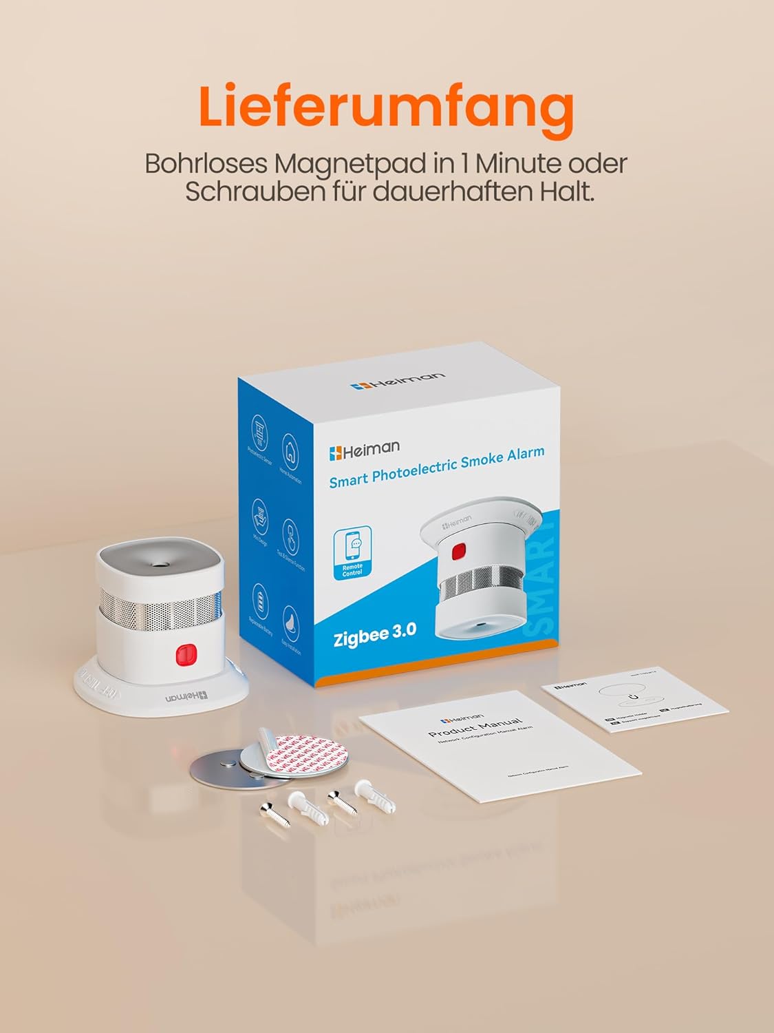 Zigbee 3.0 Rauchmelder Heiman HS1SA-E PLUS mit Temperatur-Sensor und Sirenenfunktion