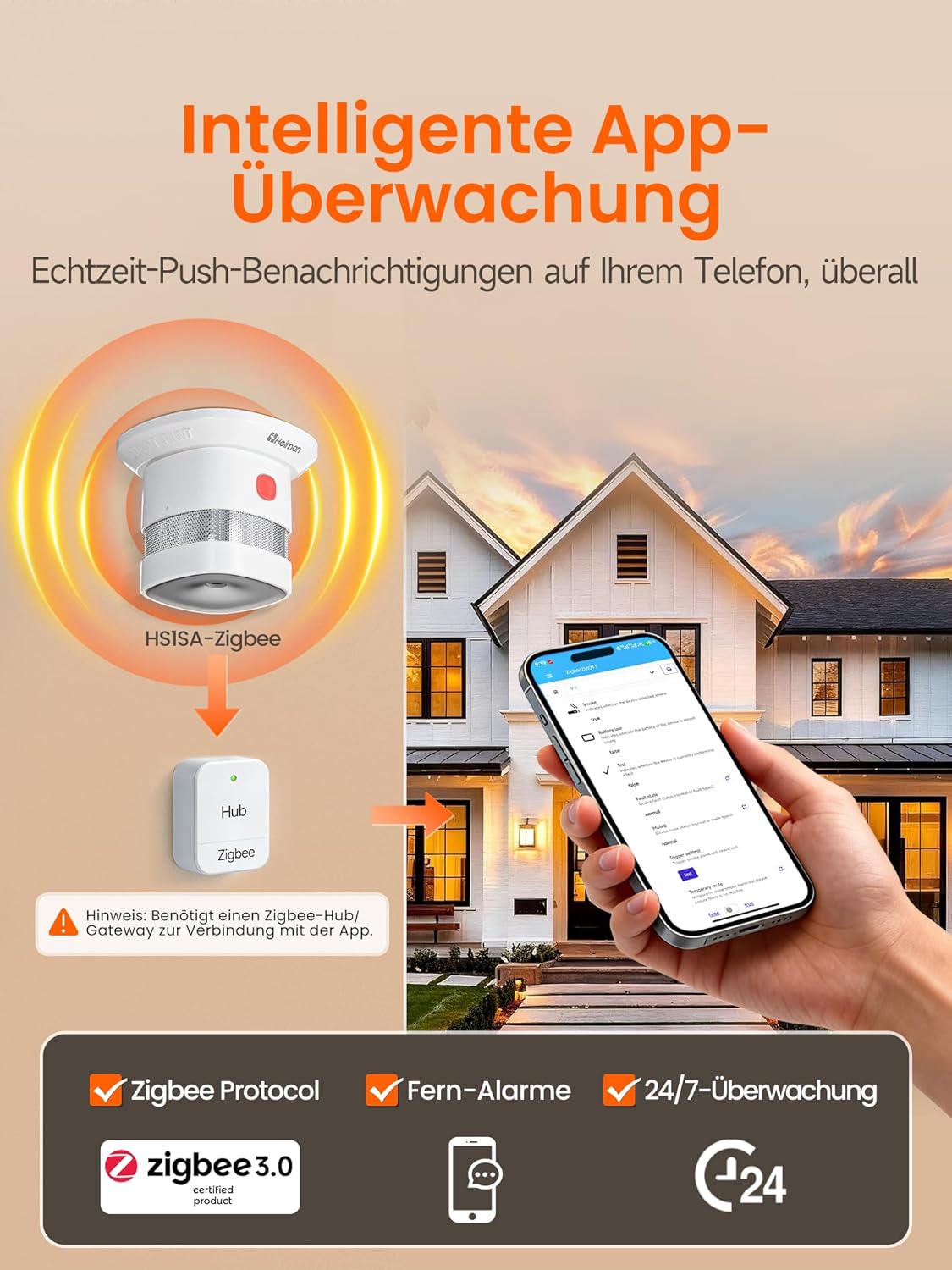 Zigbee 3.0 Rauchmelder Heiman HS1SA-E PLUS mit Temperatur-Sensor und Sirenenfunktion