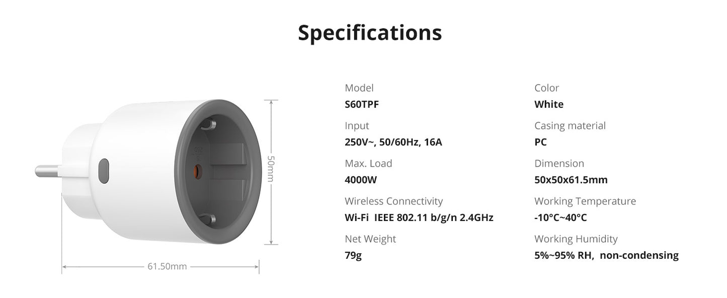 SONOFF S60TPF Smart Wifi Socket with Power Measurement, 16A 4000W