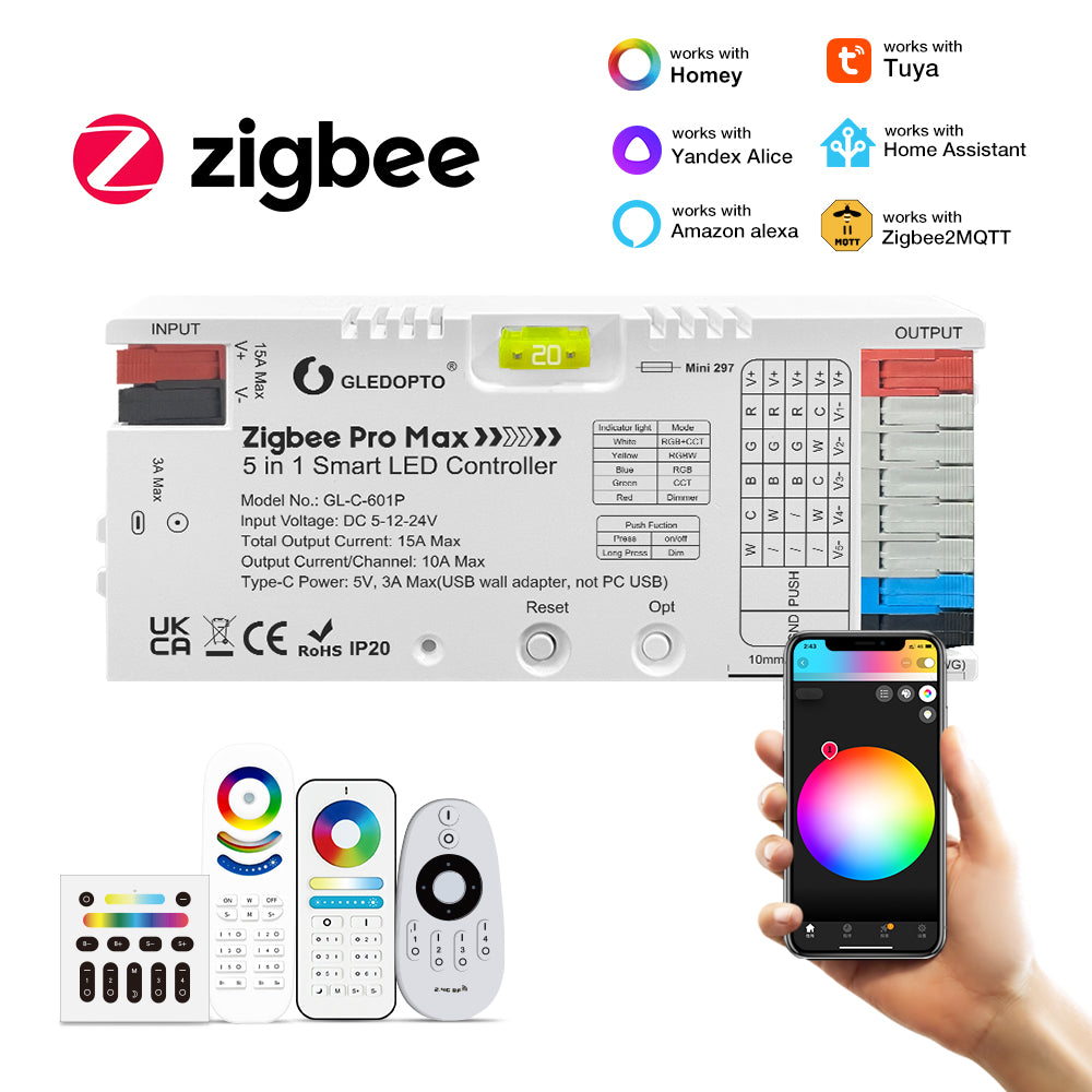 GLEDOPTO GL-C-601P Smart ZigBee 3.0 Pro Max 5in1 LED Controller – RGBCCT/RGBW/RGB/CCT/Dimmer, 5–24V, 15A, Hue/Alexa/Home Assistant kompatibel