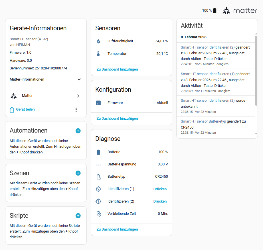 Entitäten in HomeAssistant des Heiman-H1-M